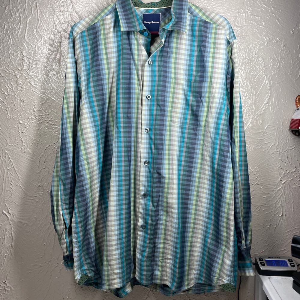 Tommy Bahama Blue Green Long Sleeve Button Up Cotton Check Shirt Mens Sz Large